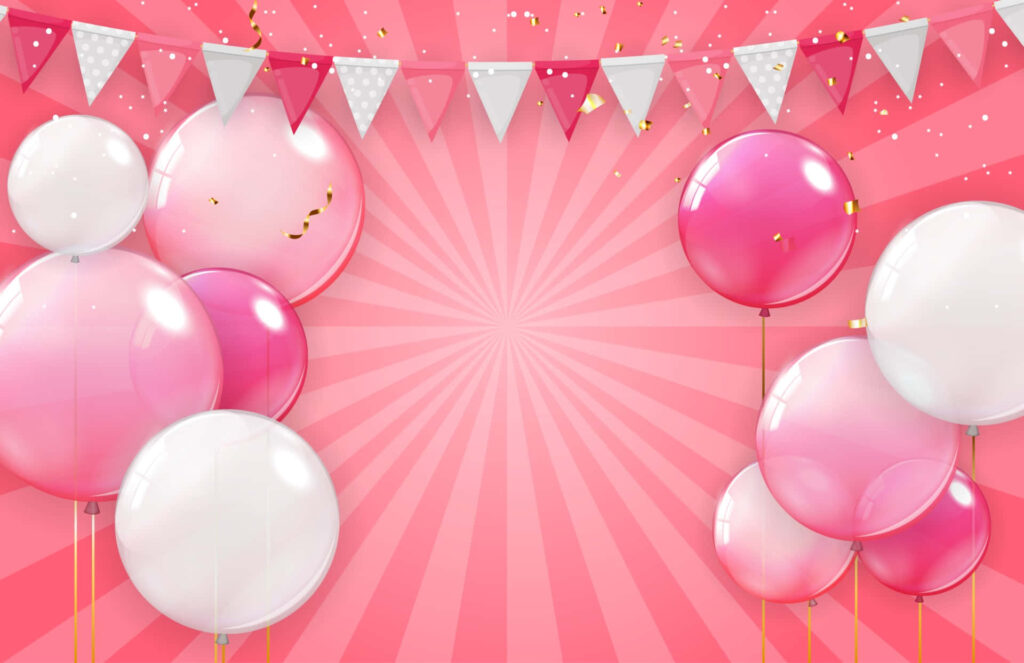 Festive Pink Starburst Wallpaper with Balloons & Bunting for Birthdays