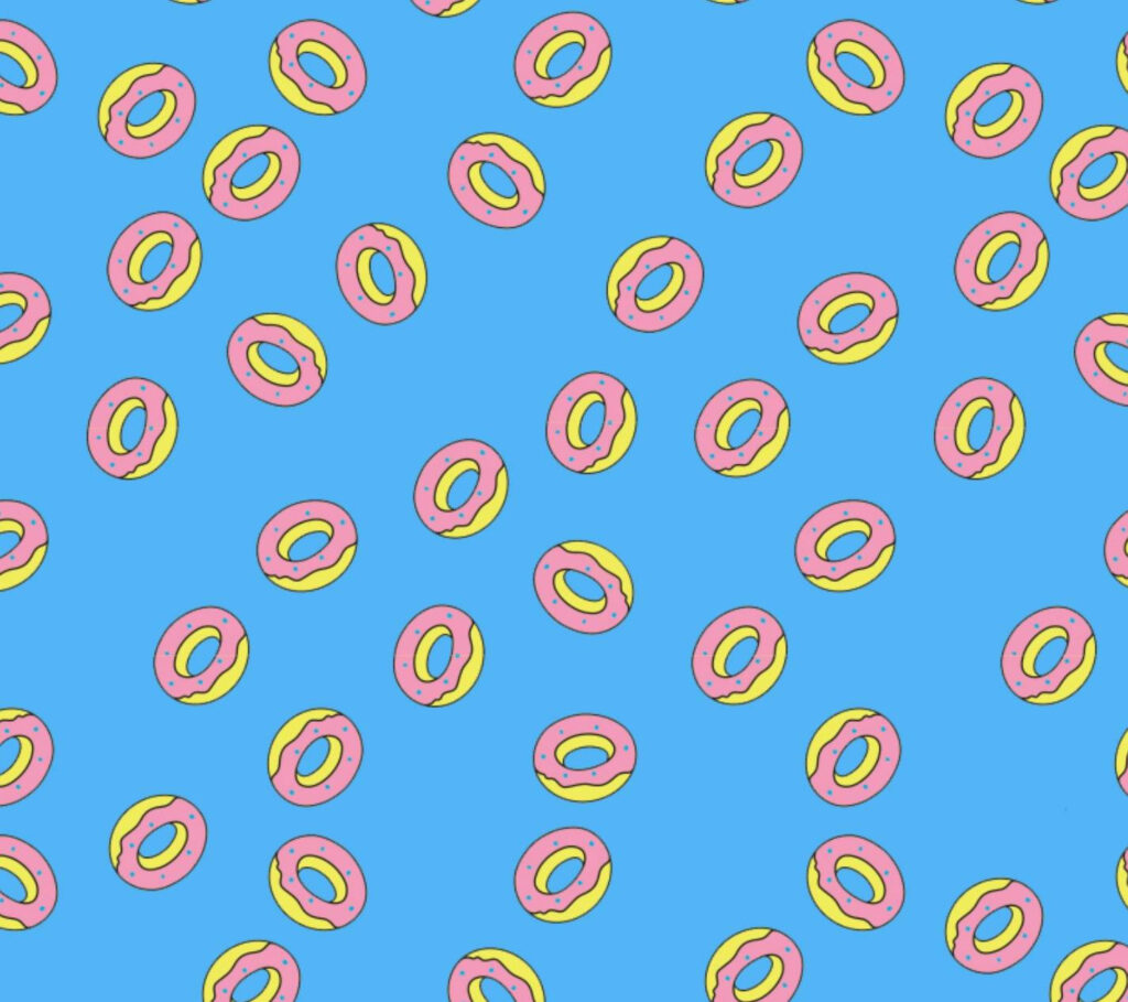 Bright blue donut wallpaper with pink frosted donuts and yellow accents playful pattern