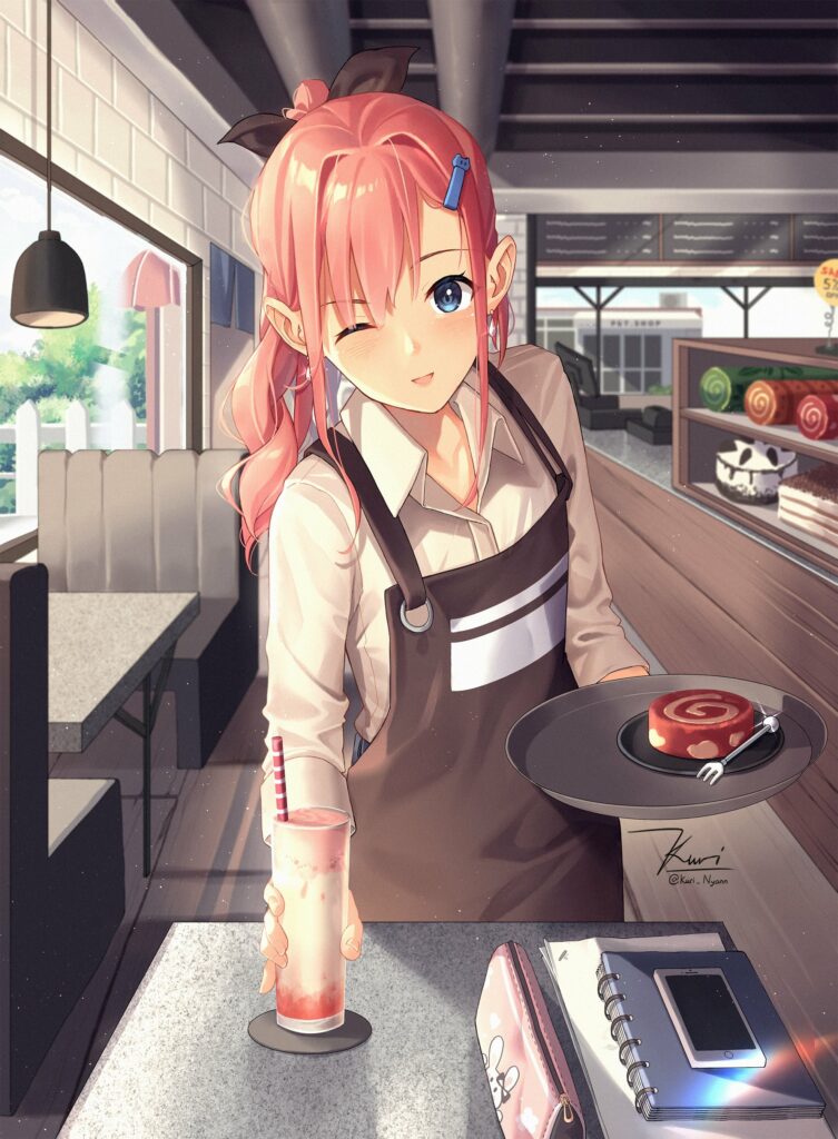 Cheerful Anime Waitress Wallpaper: Pink-Haired Girl in Cafe