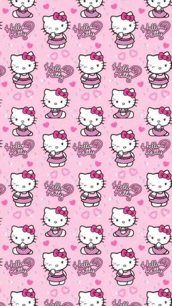 Cheerful Pink Hello Kitty Wallpaper with Hearts & Bows Design