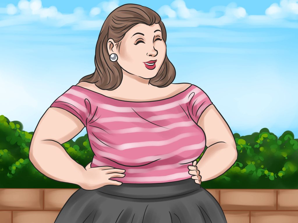 Happy plus-size woman in pink striped top with sunny blue sky and green outdoor background Wallpaper