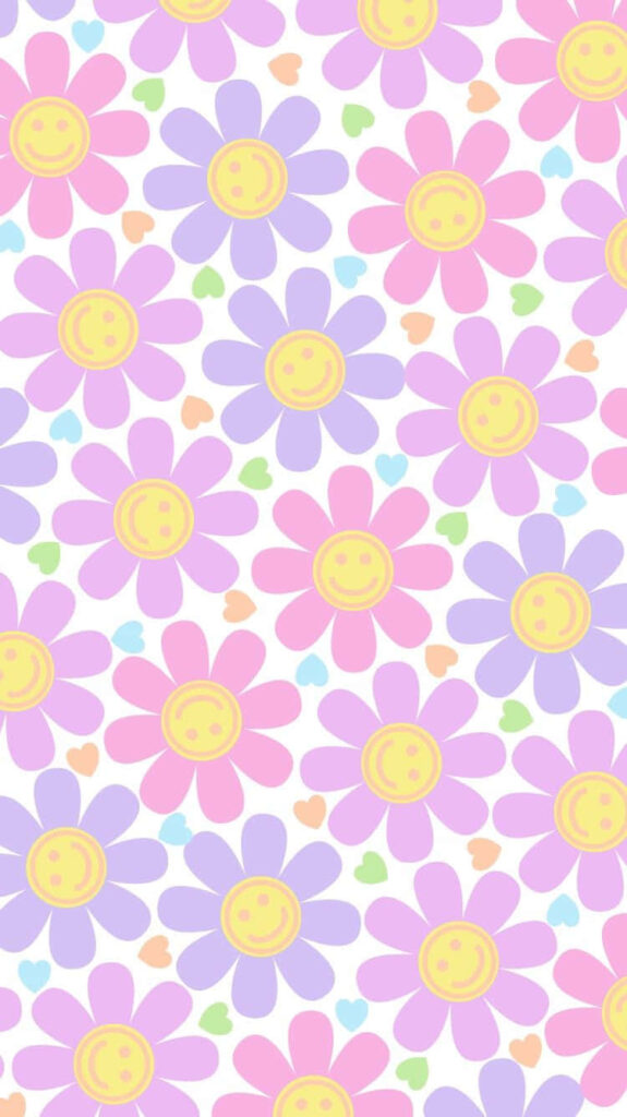 Cheerful Pastel Flower Wallpaper with Smiley Faces & Hearts