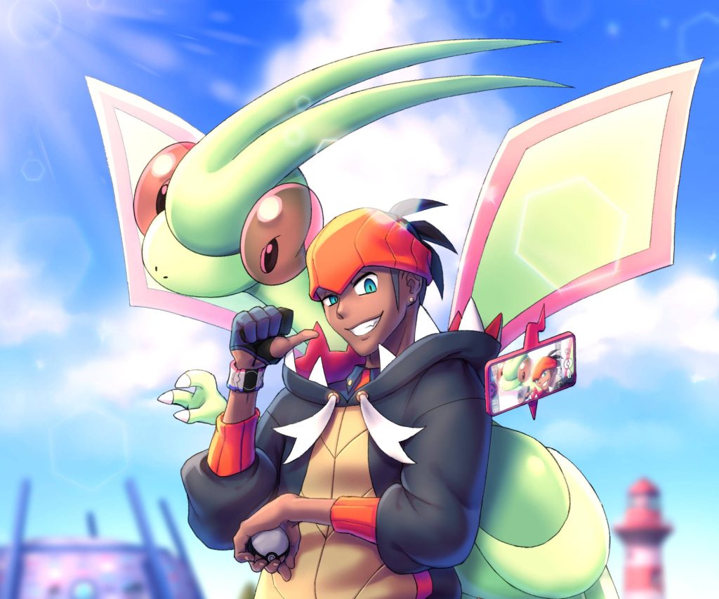 Galar Gym Leader Raihan and Flygon take a bright selfie in dynamic anime-style Pokémon wallpaper
