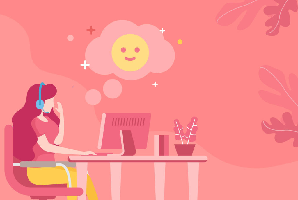 Cheerful Remote Worker Illustration: Cozy Pink Workspace Wallpaper