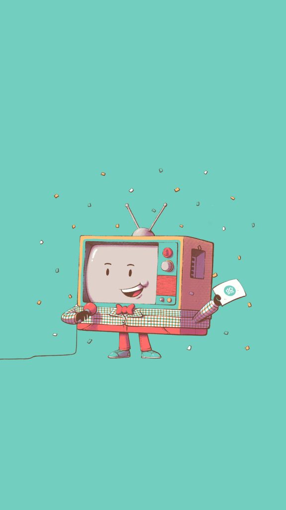 Retro cartoon TV character in checkered jacket holding microphone and DC Arts card on teal Wallpaper