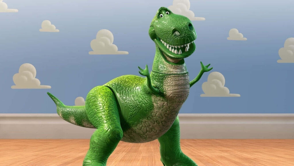 Cheerful Rex from Toy Story: Vibrant Wallpaper with Blue Wall & Wood Floor