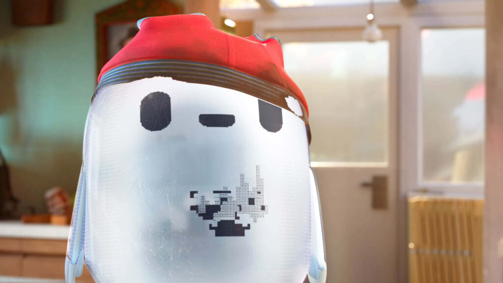 Cheerful Ron's Gone Wrong Robot Wallpaper with Red Hat in Cozy Setting