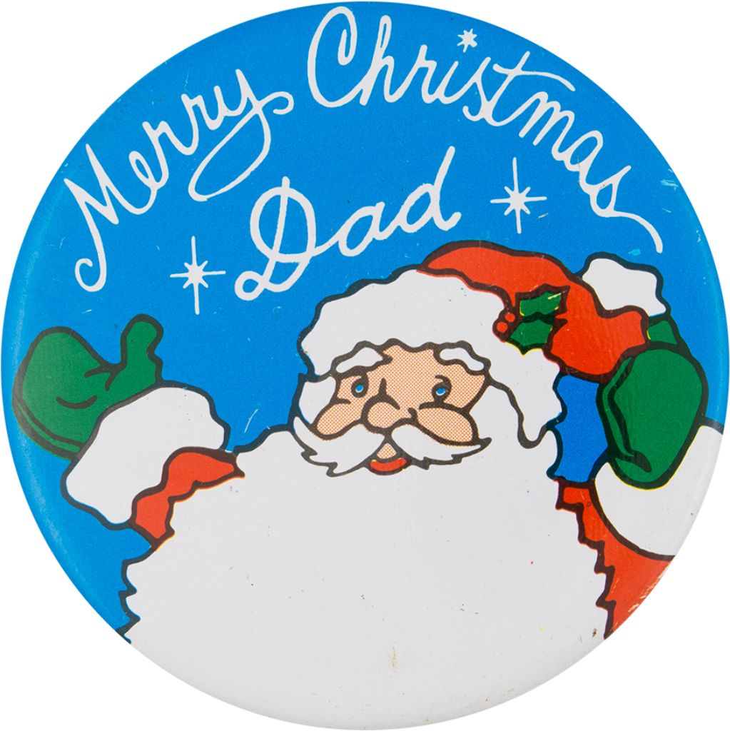 Cheerful Santa Badge: Merry Christmas Dad on Bright Blue Background Wallpaper