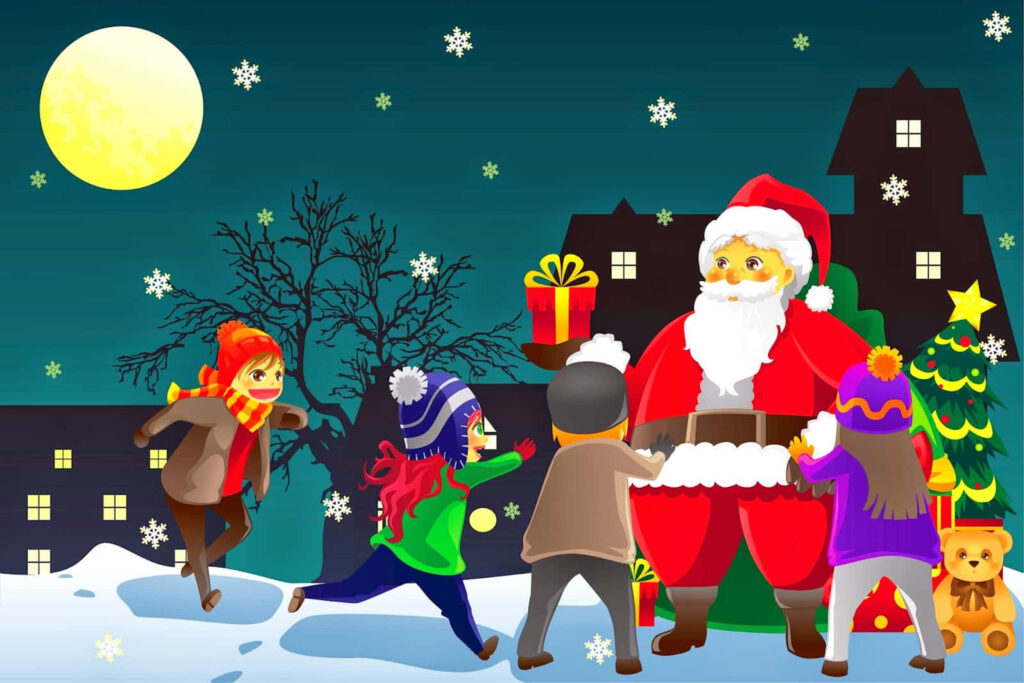 Cheerful Santa Claus and Kids in Festive Snowy Wallpaper Background