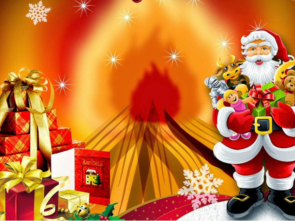 Cheerful Santa Claus Festive Wallpaper with Colorful Christmas Gifts