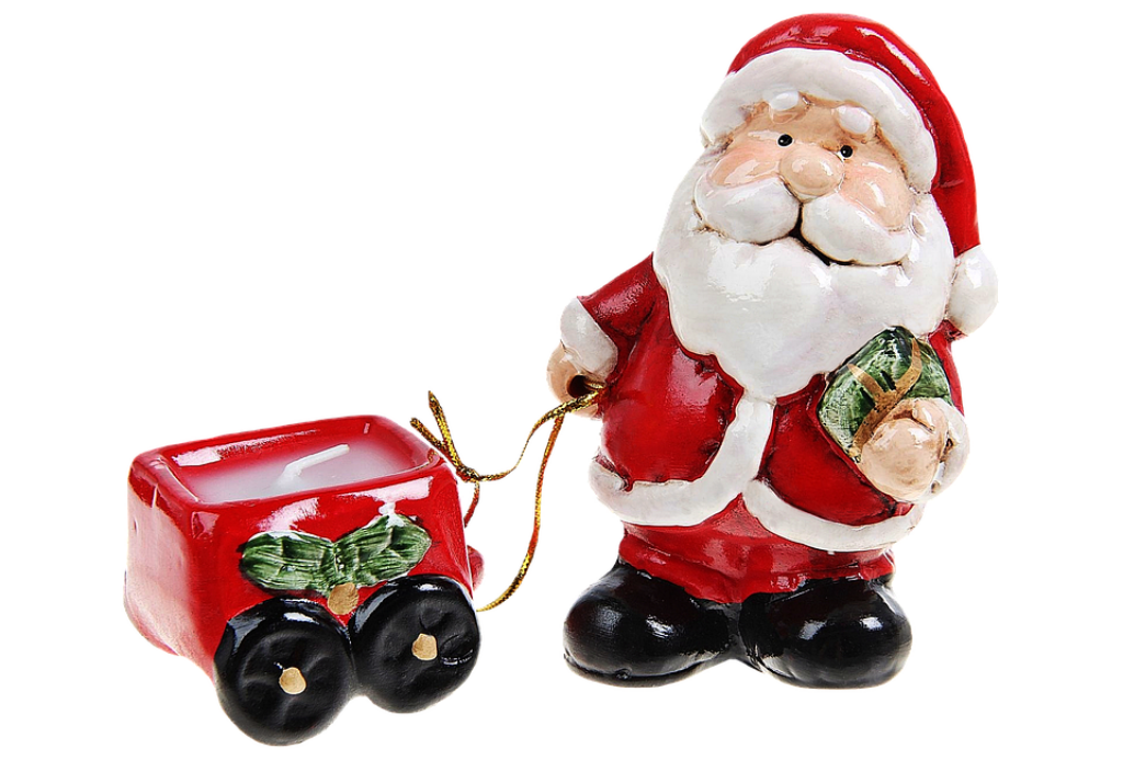 Jolly Santa Claus Wallpaper with Festive Toy Wagon & Holly Decor