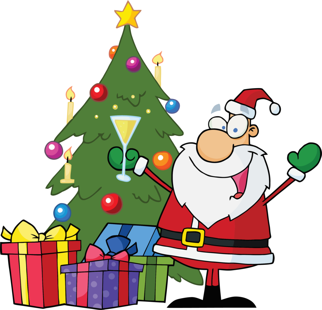 Cheerful Santa Claus with Festive Tree and Colorful Presents Wallpaper