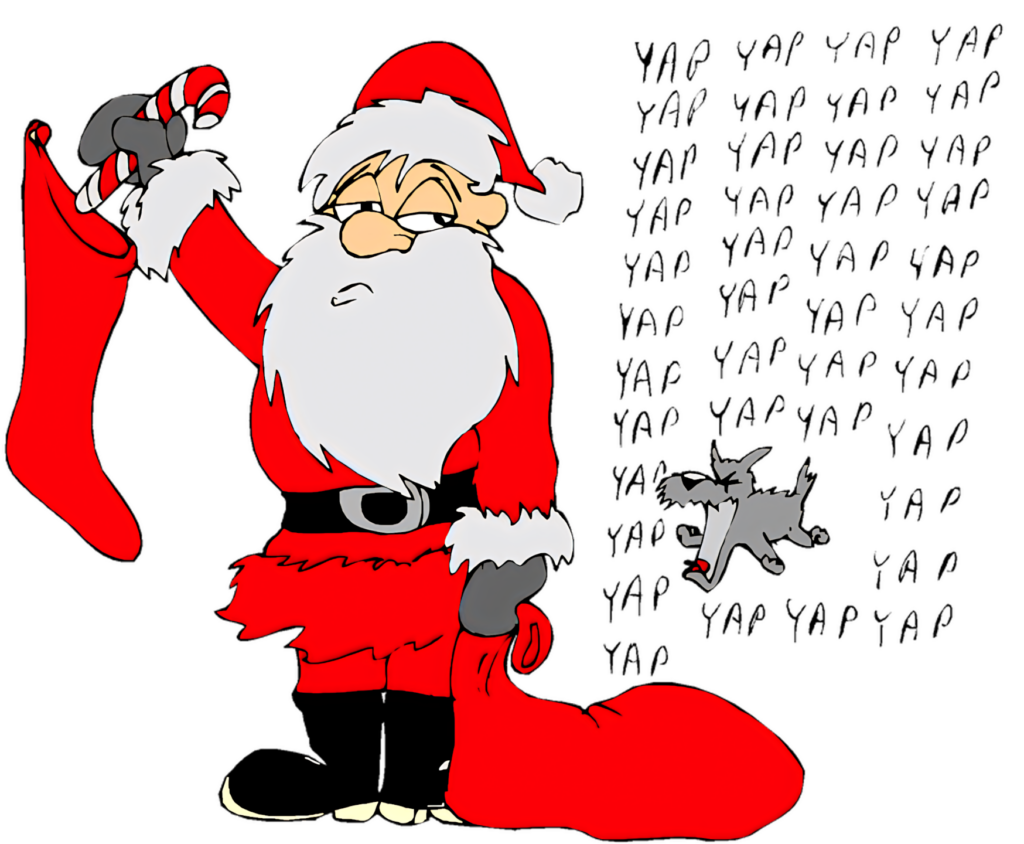 Festive Santa Claus with Stocking & Dog in Cheerful Christmas Scene Wallpaper
