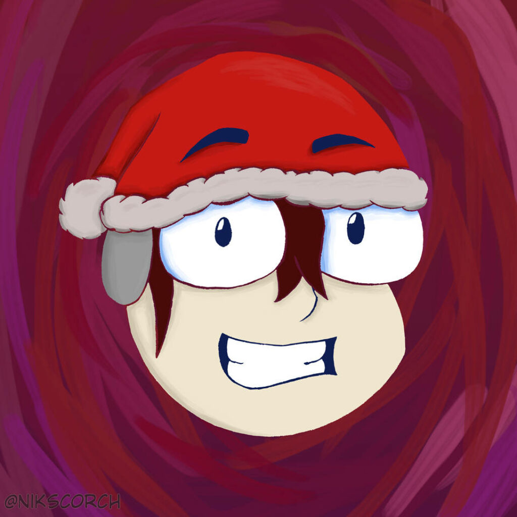 Cheerful Cartoon Face in Santa Hat - Festive Red Wallpaper Design