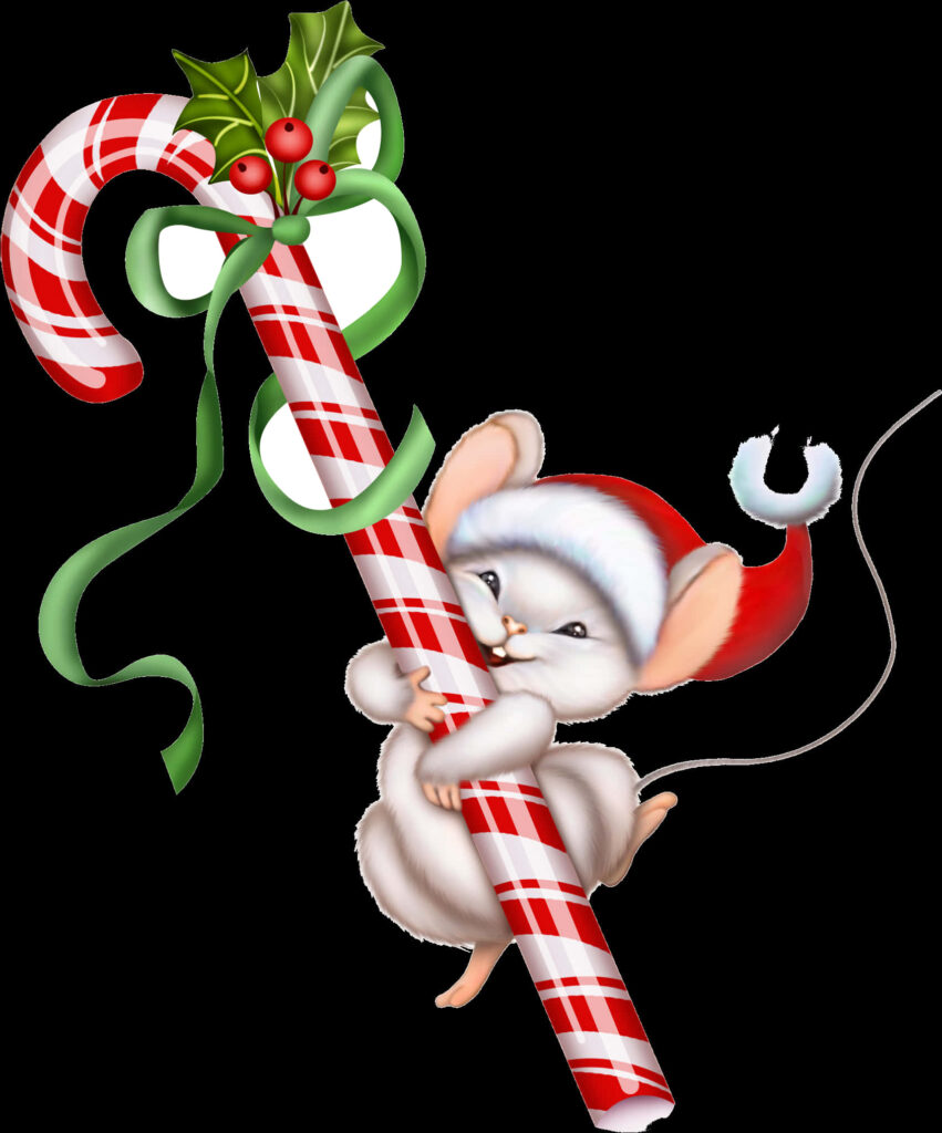 Cheerful Mouse in Santa Hat with Candy Cane - Festive Christmas Art Wallpaper