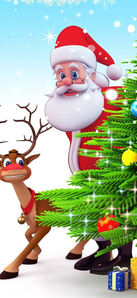 Cheerful Santa & Reindeer: Stunning 3D Christmas Wallpaper Background