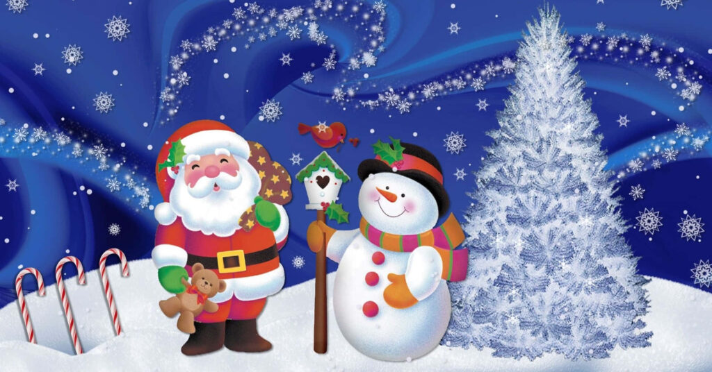Cheerful Santa & Snowman Festive Wallpaper in Sparkling Winter Scene