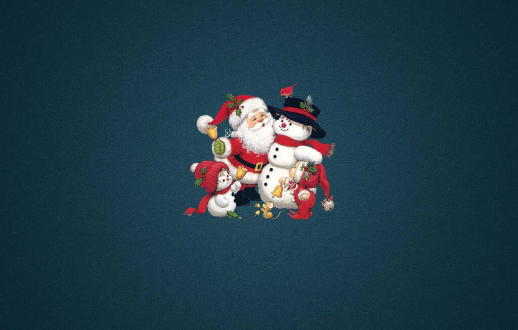 Joyful Santa Claus & Snowman Festive Wallpaper on Blue Background