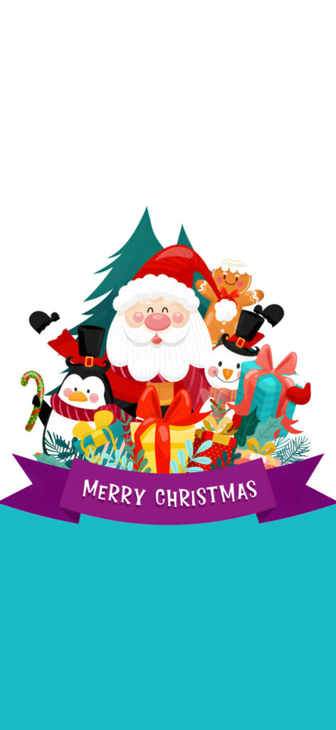 Cheerful Santa Holiday Wallpaper with Penguin & Reindeer Background