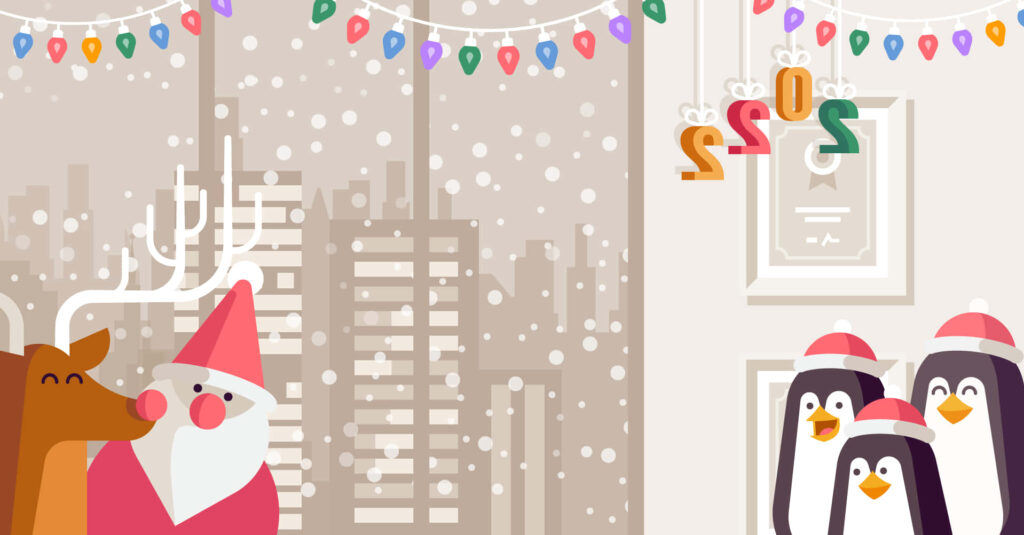 Cheerful Santa and Penguin Holiday Wallpaper for Festive Spirit