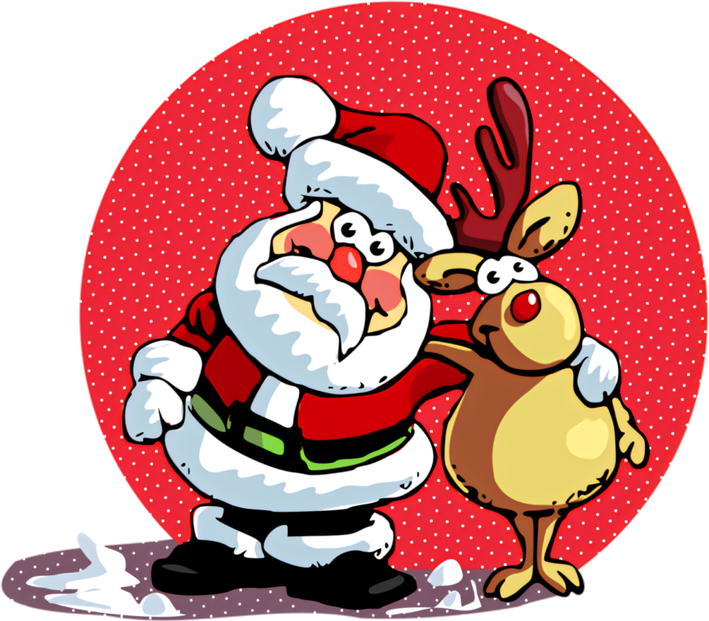 Cheerful Santa Claus and Reindeer Cartoon on Festive Red Background Wallpaper