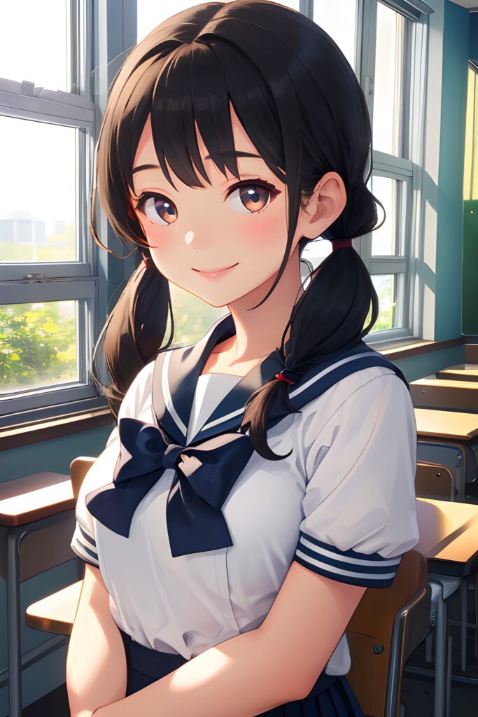 Cheerful Schoolgirl Wallpaper: Joyful Classroom Scene in Anime Style