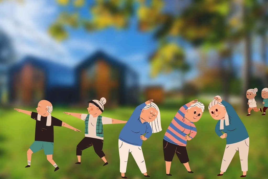 Cheerful seniors doing fitness stretches outdoors vibrant cartoon wallpaper for active aging