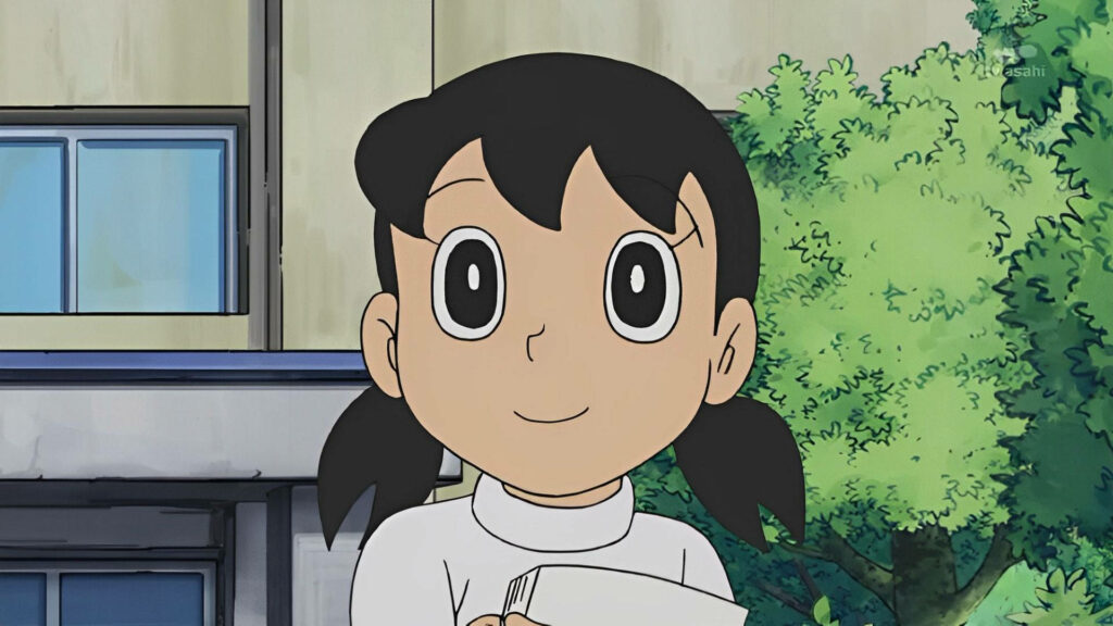 Cheerful Shizuka Wallpaper: Doraemon's Friendly Character in Nature
