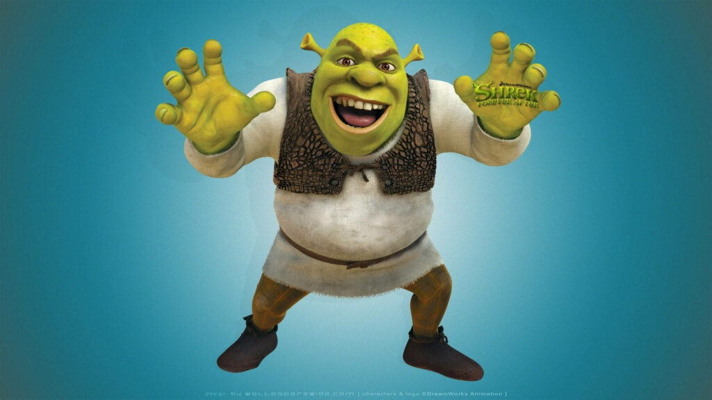 Cheerful Shrek Wallpaper: Playful Design on Bright Blue Background