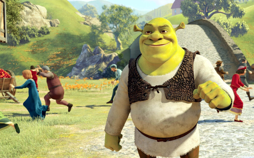 Vibrant Shrek Wallpaper: Cheerful Ogre in Lively Town Scene