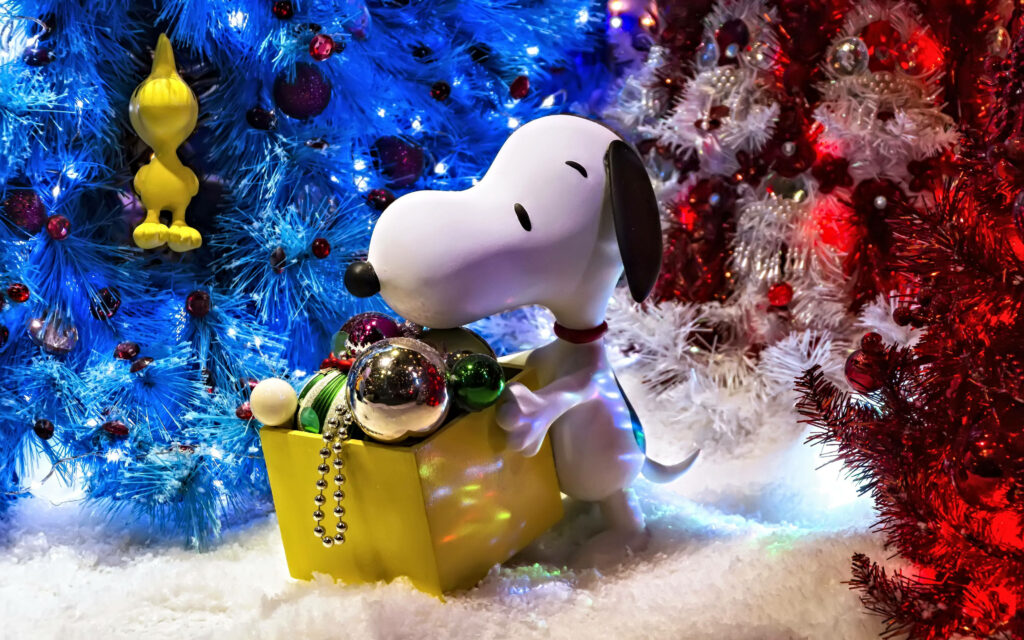 Cheerful 3D Snoopy Christmas Wallpaper with Colorful Trees
