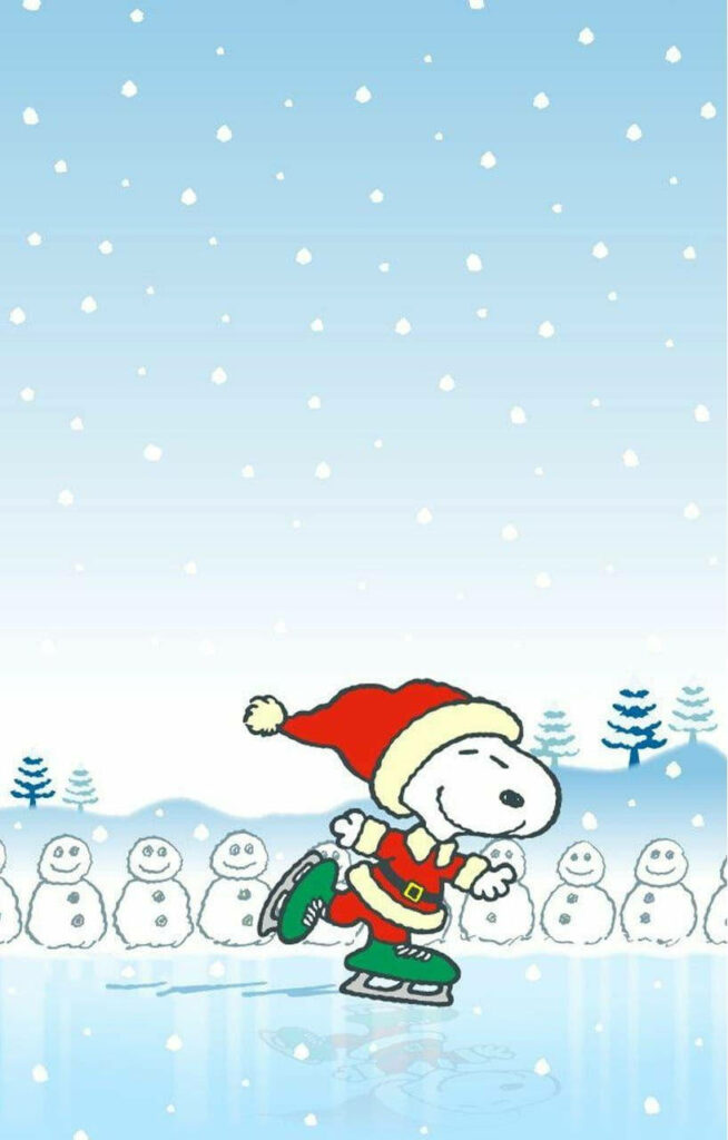 Cheerful Snoopy Ice Skating in Festive Winter Wonderland Wallpaper
