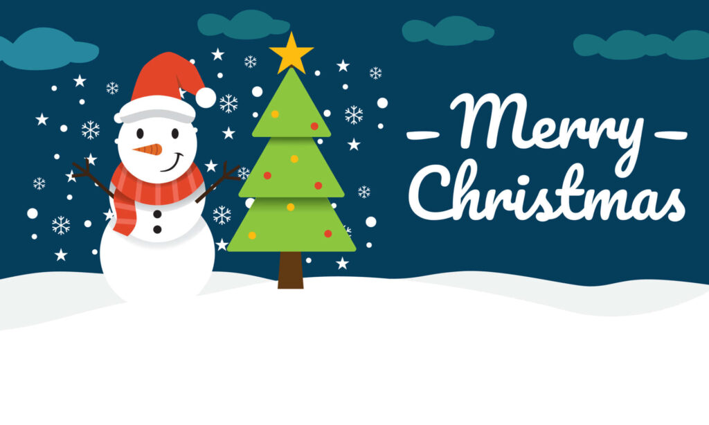 Cheerful Snowman & Christmas Tree in Snowy Wonderland with Merry Christmas Wallpaper