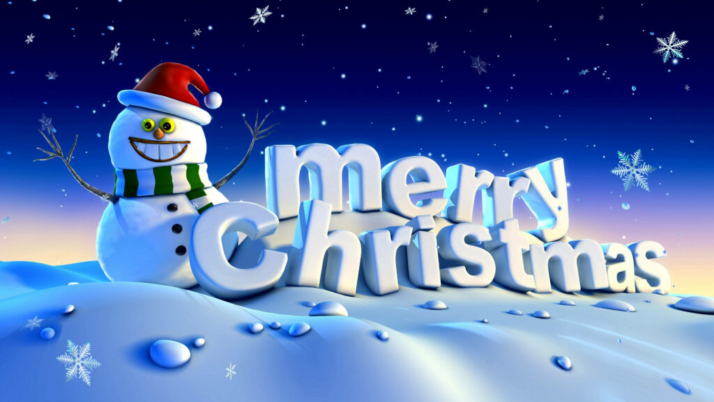 Cheerful Snowman Christmas Wallpaper with 3D Merry Letters