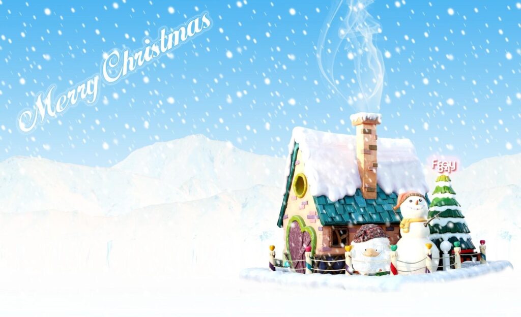 Cheerful Snowman Holiday Wallpaper with Cozy House & Christmas Tree