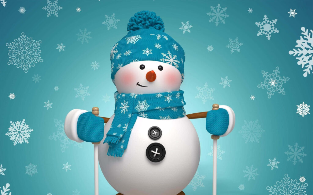 Cheerful Blue Snowman Wallpaper with Festive Snowflake Background