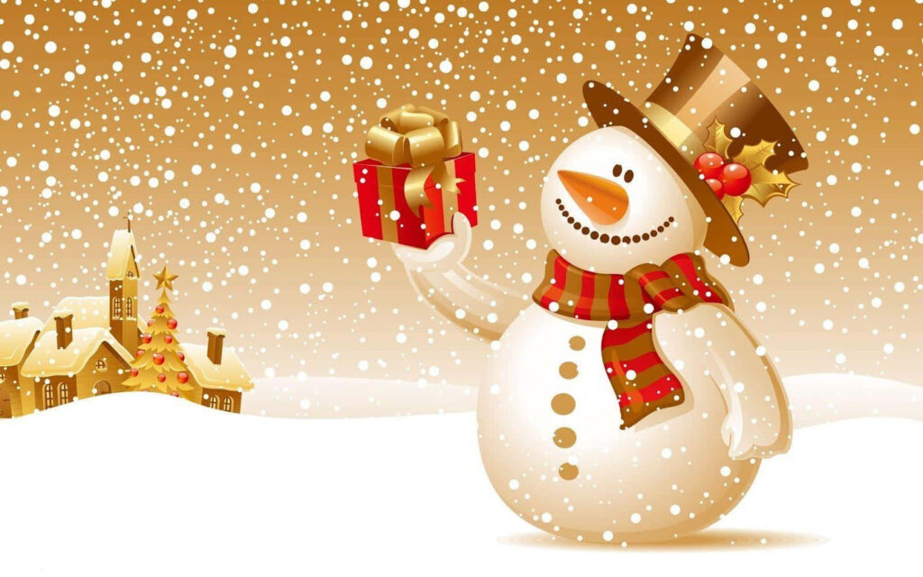 Cheerful Snowman Wallpaper: Festive Holiday Scene with Snowflakes