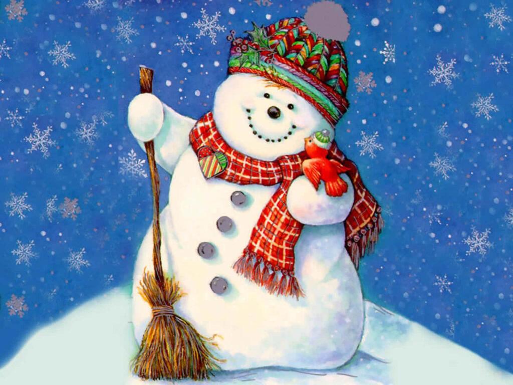 Cheerful Snowman in Festive Scarf: Joyful Winter Scene Wallpaper