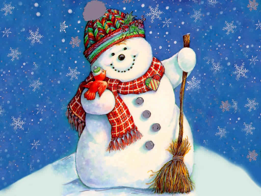 Cheerful Snowman Wallpaper with Colorful Hat & Snowflakes