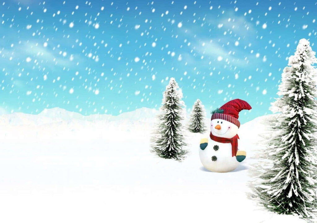 Cheerful Snowman Wallpaper: Festive Winter Scene with Pine Trees