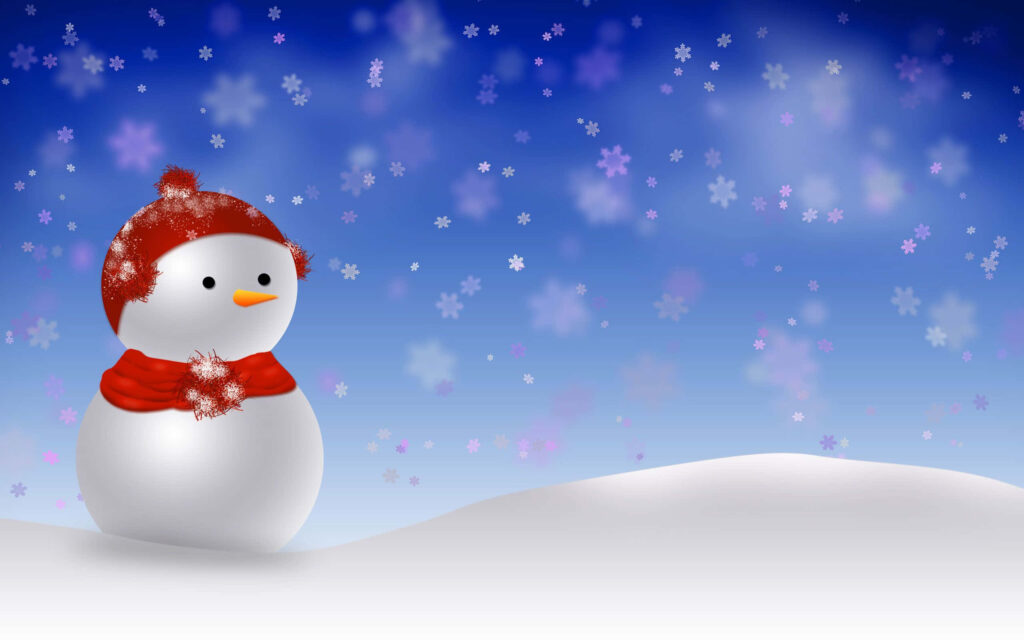 Cheerful Snowman in Red Hat on Snowy Winter Background Wallpaper