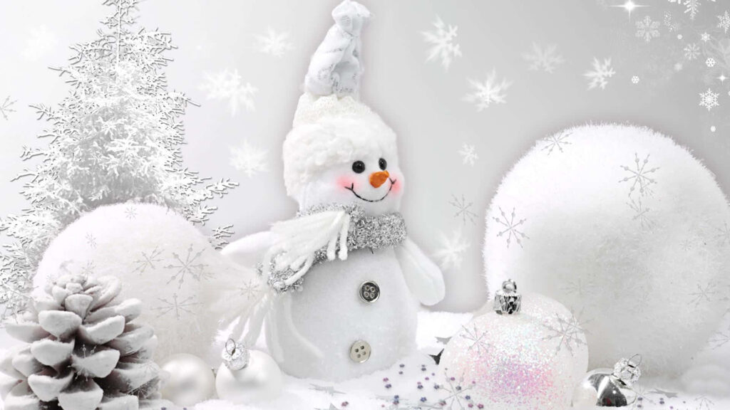 Festive Snowman Wallpaper: Cheerful Winter Scene with Snowflakes
