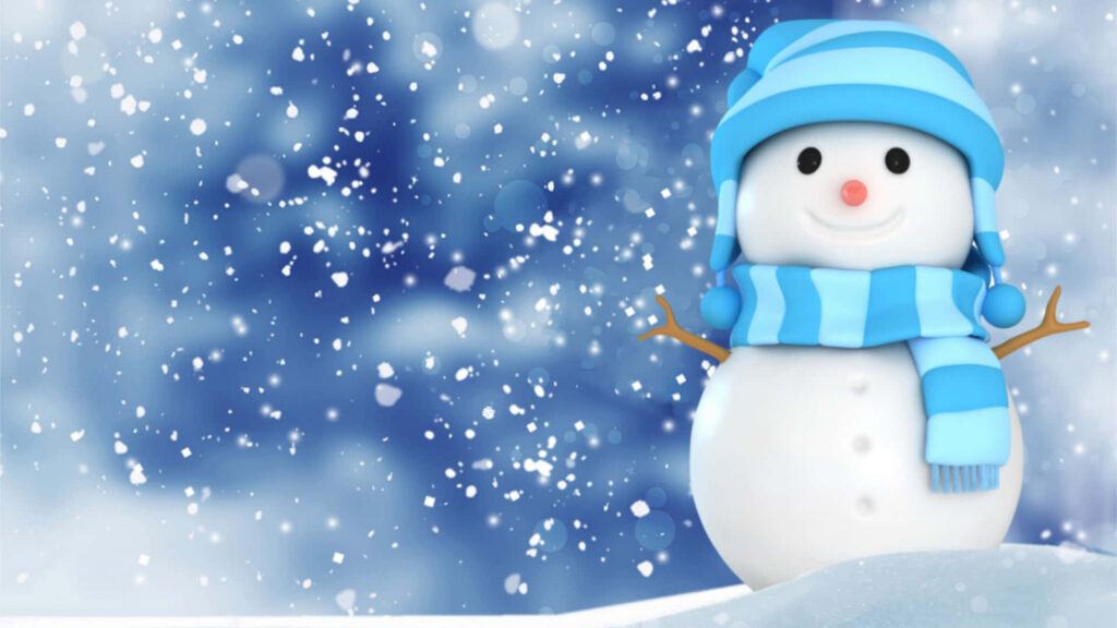 Cheerful Snowman in Blue Hat: Winter Wonderland Wallpaper