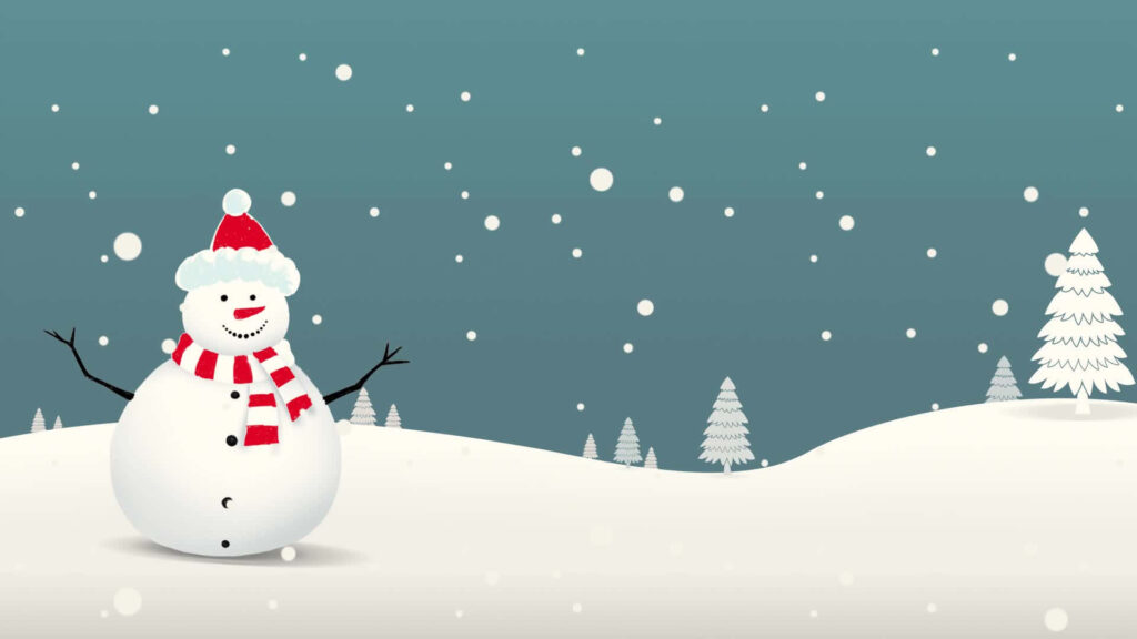 Cheerful Snowman in Red Scarf Amidst Snowy Landscape Wallpaper