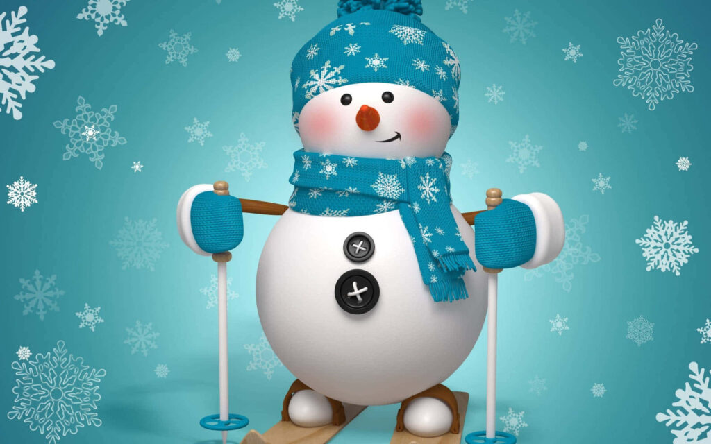 Joyful Snowman Wallpaper with Blue Hat & Festive Snowflakes