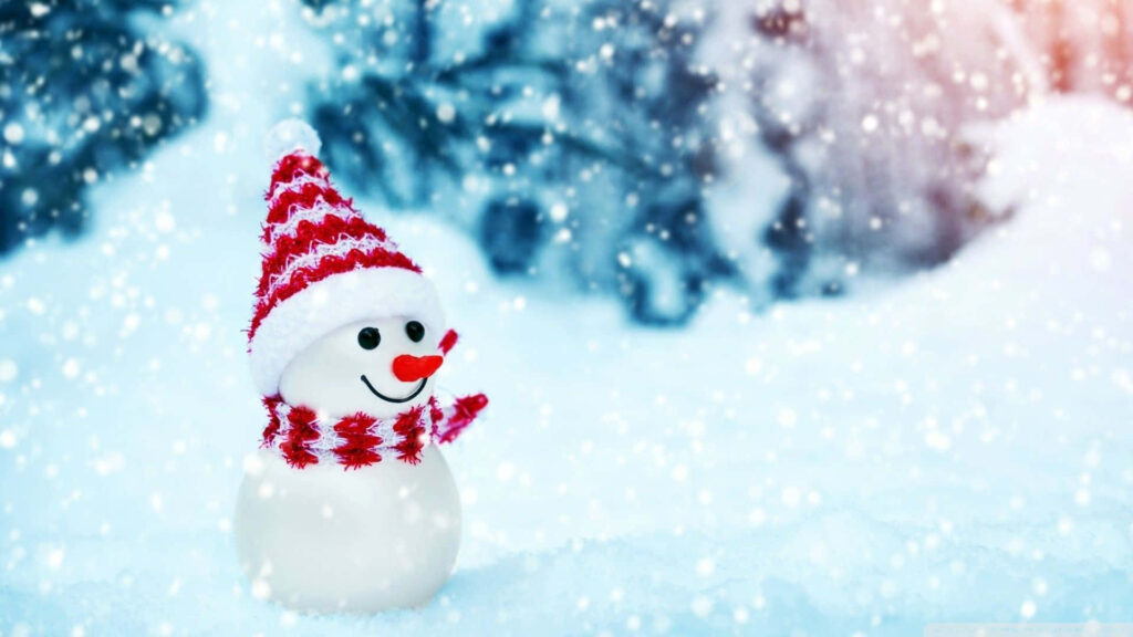 Festive Snowman in Snowy Landscape with Striped Hat & Scarf Wallpaper