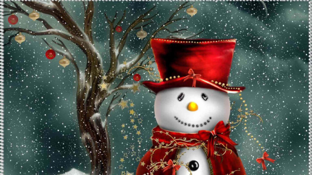 Cheerful Snowman in Festive Winter Landscape with Whimsical Tree Wallpaper