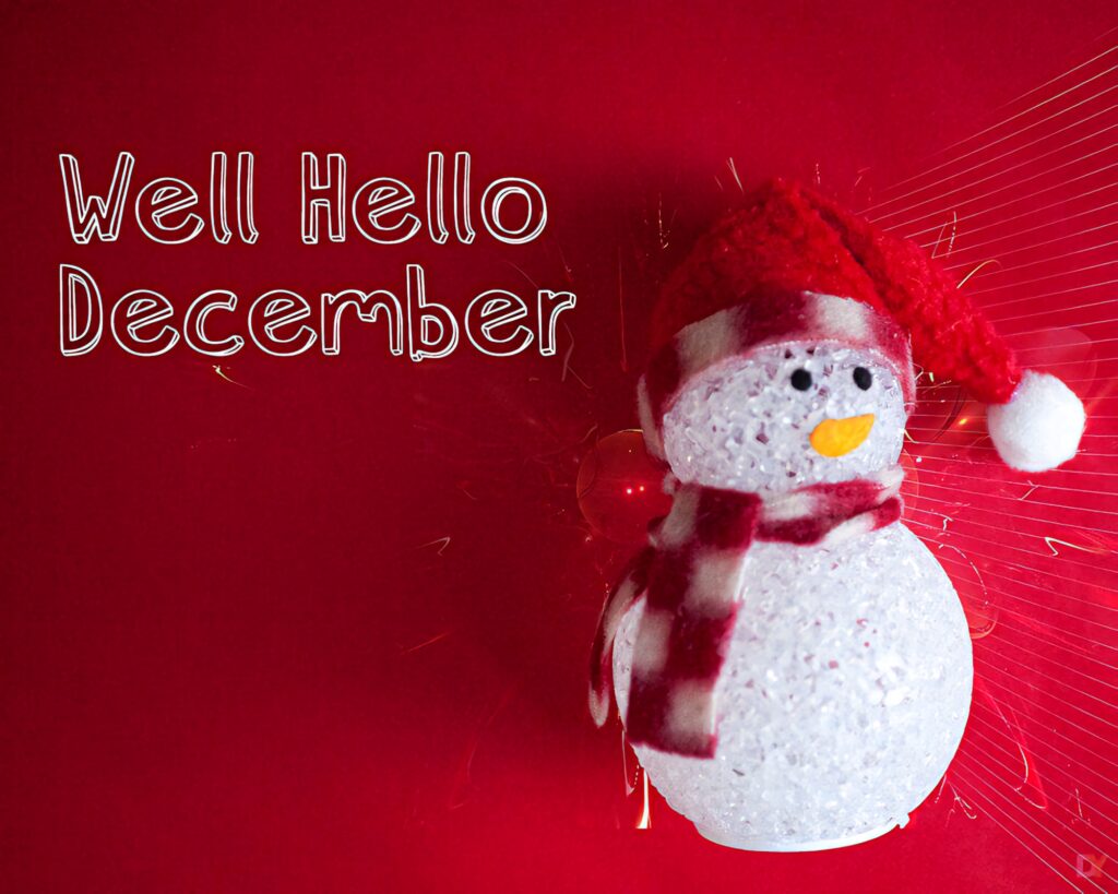 Cheerful snowman with red scarf and Santa hat on red background welcomes December festive season Wallpaper