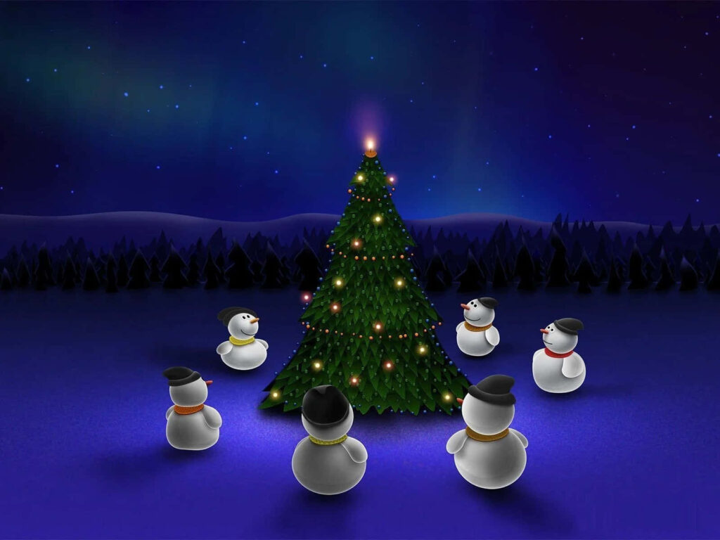 Cheerful Snowmen & Christmas Tree Scene Under Starry Night Sky Wallpaper