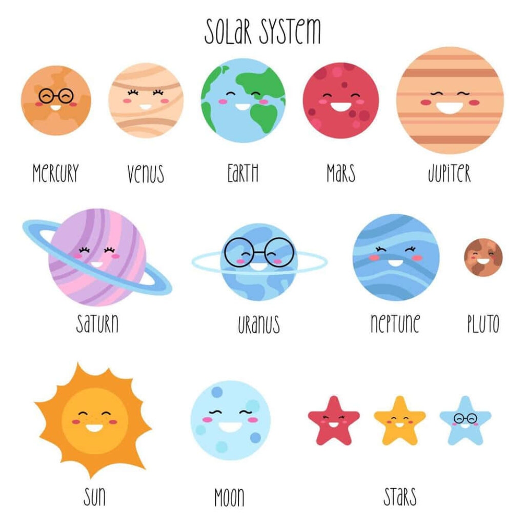Cheerful Cartoon Solar System Wallpaper: Smiling Planets & Stars